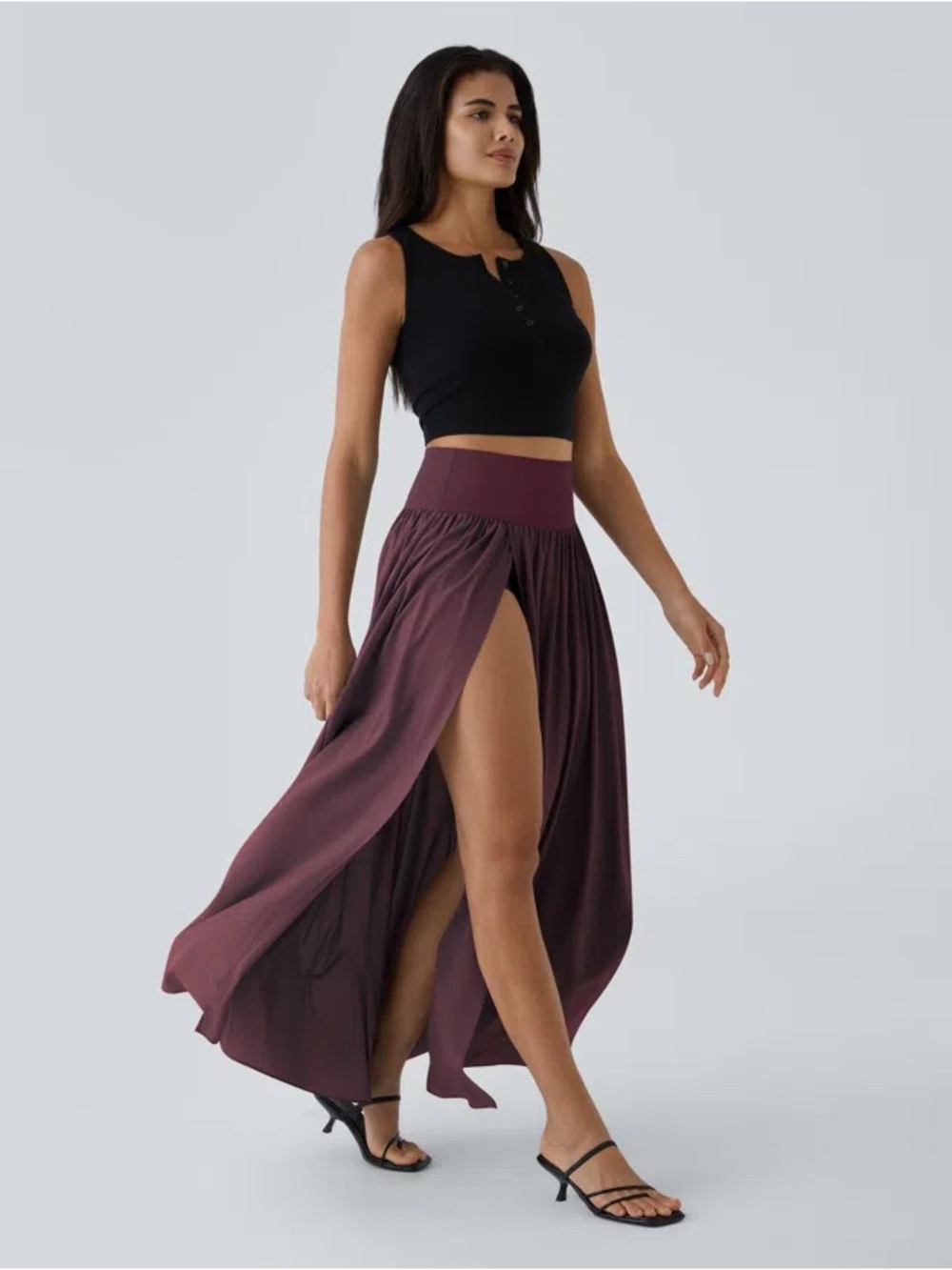 Halara Breezeful High Waisted Split 2-in-1 Flowy Maxi Skirt Burgundy M